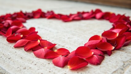 Red rose petals form a heart shape on a textured surface