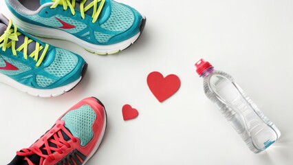 Running shoes water bottle and hearts for fitness
