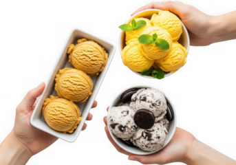 Hands holding bowls of mango and cookies and cream ice cream