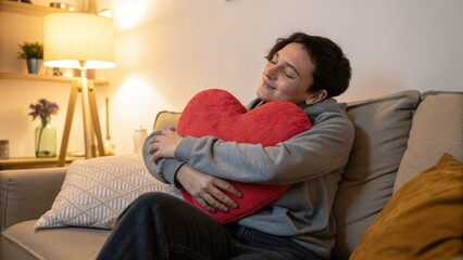 Young person hugging a red heart shaped cushion peacefully