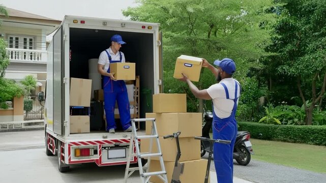 Movers unloading boxes from a truck, with a ladder and scooter nearby outdoors