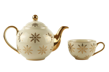 Elegant teapot and teacup with golden snowflake pattern isolated on transparent background
