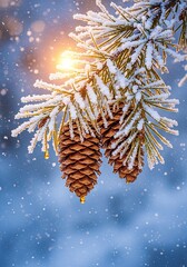 Cedar cones on a frosted branch against a winter forest backdrop and gentle sunlight. Christmas spirit. Vertical banner, postcard, background.