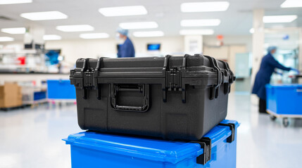 Medical transport case in hospital laboratory. Black protective box on blue container for safe vaccine delivery and biological sample storage. Healthcare logistics equipment in clinical facility.