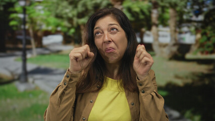 Fototapeta premium Middle aged woman in yellow shirt and brown jacket raises hands in forest among green foliage while grimacing; disgust.