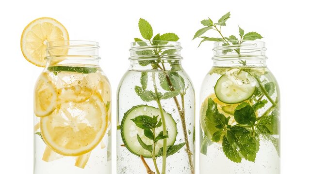 Three jars of infused water with lemon and herbs, showcasing refreshing beverages and healthy hydration options.