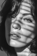 Engaging Black and White Portrait of Woman with Freckles and Striped Shadows