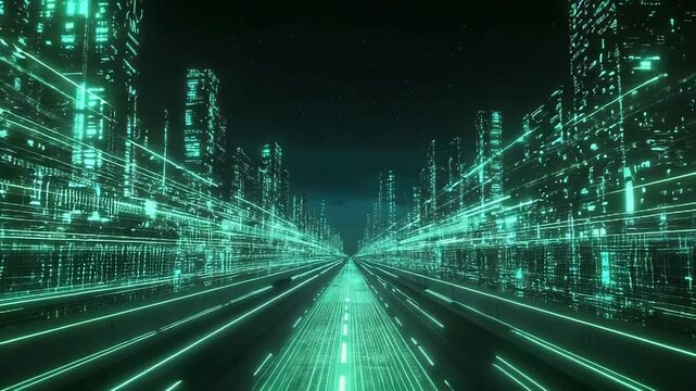 Abstract digital cityscape representing data highway and neon grid - Powered by Adobe