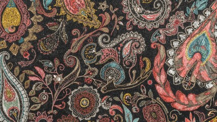 Intricate floral and paisley pattern with detailed embroidery on fabric, showcasing vibrant colors and ornate design elements.
