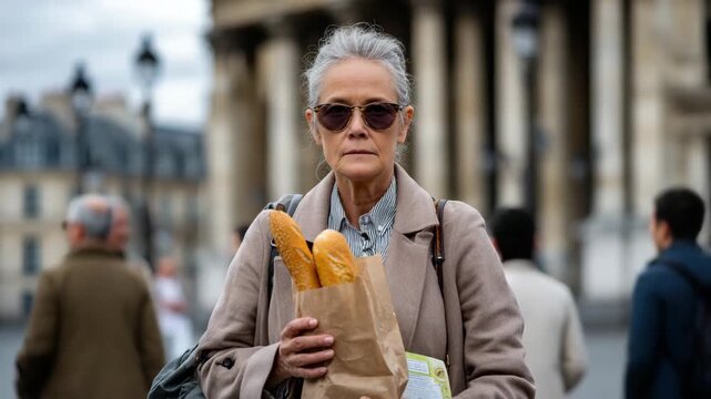 Woman carries fresh bread while strolling through a busy street in Paris wearing sunglasses on a cloudy day