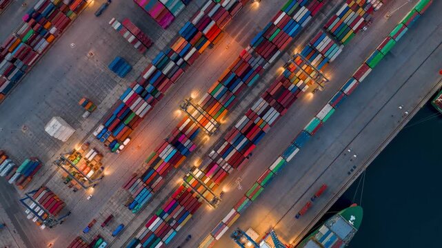 Overhead hyper time lapse view of a illuminated container terminal dock with loading and unloading activity by cranes and trucks between rows of stacked containers during evening