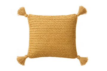 Yellow knitted wool throw pillow with corner tassels