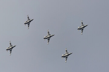 A group of fighter jets fly in formation.