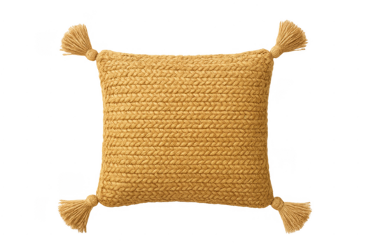 Yellow knitted wool throw pillow with corner tassels