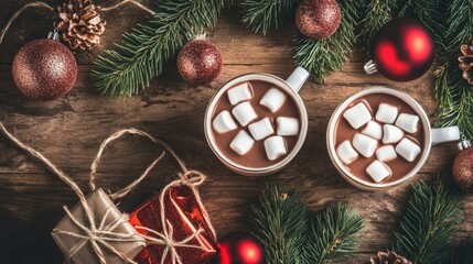 Two cups of hot chocolate topped with marshmallows sit on a wooden table surrounded by pine branches and Christmas ornaments.