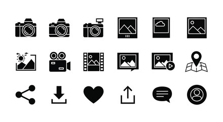 Collection of black photography icons depicting cameras lenses and related tools