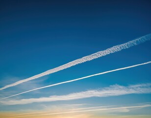 Blue Sky with Contrails and Soft Clouds During Golden Hour Sunset
