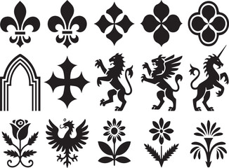 Collection of black heraldic and floral vector symbols on white background fleur de lis gothic arch