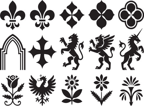 Collection of black heraldic and floral vector symbols on white background fleur de lis gothic arch