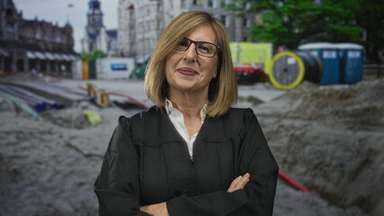 Woman judge wearing black robe and glasses smiles with arms crossed at a building site; confidence.