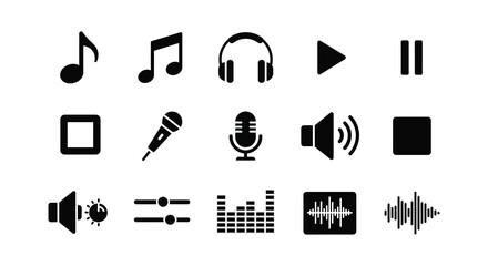 Collection of black music and audio related icons on a white background