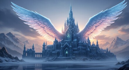 Majestic Winged Castle - A Fantasy Landscape of Ice and Light.
