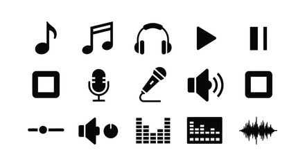 Collection of black music and audio related icons on a white background