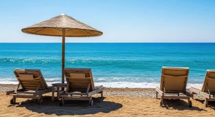 Empty beach with sun loungers and a straw umbrella facing the turquoise sea under a clear blue sky, perfect for a relaxing vacation