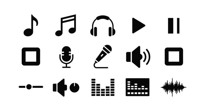 Collection of black music and audio related icons on a white background