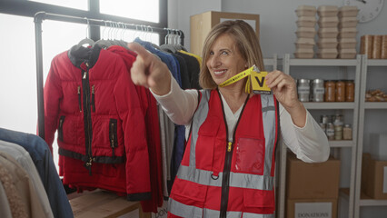 Woman wearing red vest points finger at volunteer badge in indoor donation center building; solidarity.