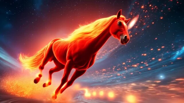 Fiery horse galloping through flames under a starry night sky