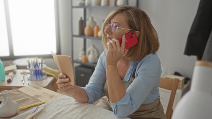 Woman wearing apron and glasses holds smartphone to ear and grips notebook in studio; concentration.