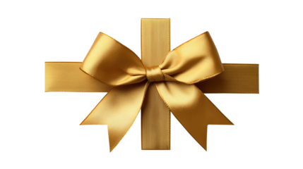 Elegant golden satin ribbon bow isolated on a transparent background. Perfect for use in gift wrapping, luxury branding, festive decoration, or holiday design themes