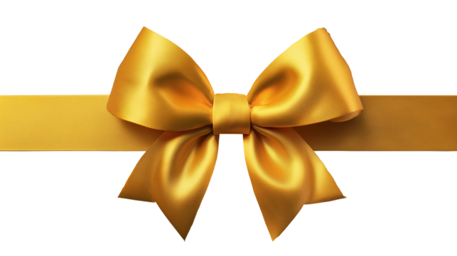 Elegant golden satin ribbon bow isolated on a transparent background. Perfect for use in gift wrapping, luxury branding, festive decoration, or holiday design themes