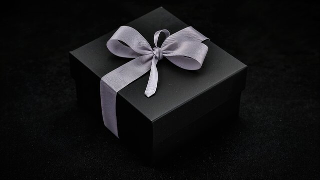 A black gift box with a gray ribbon bow on a dark background.