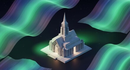 Isometric Church Under Aurora Borealis - A Serene Architectural Visualization.