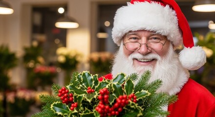 Jolly Santa Claus holding holly leaves with berries in florist shop. Santa Claus with a bouquet in front of a flower shop
  