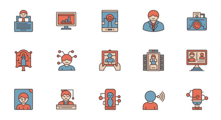 Set of diverse cartoon icons representing people education technology music and abstract concepts with modern flat design style isolated on white background