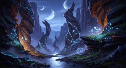 Mystical Nightscape - Serene River Flowing Through Illuminated Alien Landscape.