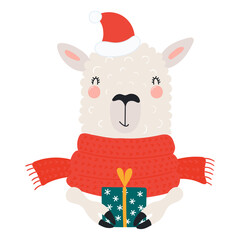 Llama with a Christmas gift isolated on transparent. Hand drawn flat vector illustration. Cute cartoon character. Traditional Christmas, New Year design element, clip art