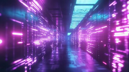 Digital data flowing through futuristic server rack corridor - Powered by Adobe