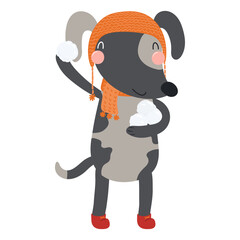 Dog in a hat, throwing snowball isolated on transparent. Hand drawn flat vector illustration. Cute cartoon character. Traditional Christmas, New Year design element, clip art