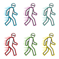 Six stylized figures in motion with colorful streaks representing speed and movement all color name Cyan / Bright Blue , Magenta / Pink-Purple, Teal / Blue-Green, Red, Green, Yellow / Gold.
