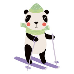 Panda in a hat, scarf, skiing isolated on transparent. Hand drawn flat vector illustration. Cute cartoon character. Traditional Christmas, New Year design element, clip art