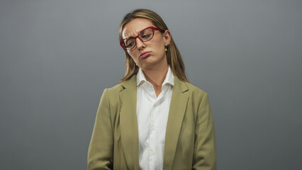 Woman pouting with red glasses and visible face wearing olive blazer and white shirt in grey studio; quiet disappointment.