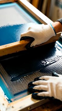 Person using a squeegee to spread deep blue ink onto a mesh screen in a screen printing press, wearing protective gloves