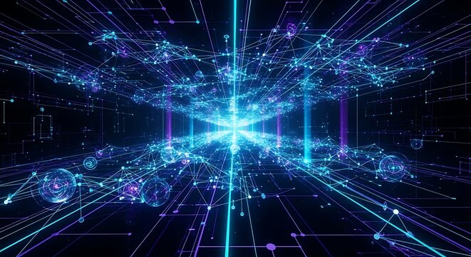 Abstract digital network with glowing blue and purple lines, nodes, and geometric shapes creating a futuristic and interconnected technological space.