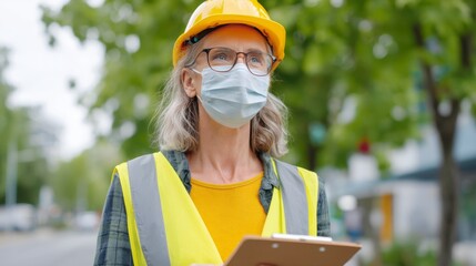 Construction Worker in Safety Gear and Mask: A Focus on Safety Protocols and Site Management during Pandemic Challenges