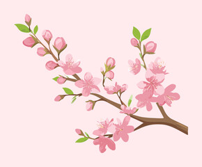 Naklejka premium Vibrant Plant Pink Cherry Tree Branch with Flowers and Buds on a Pale Canvas for Romantic Springtime Designs