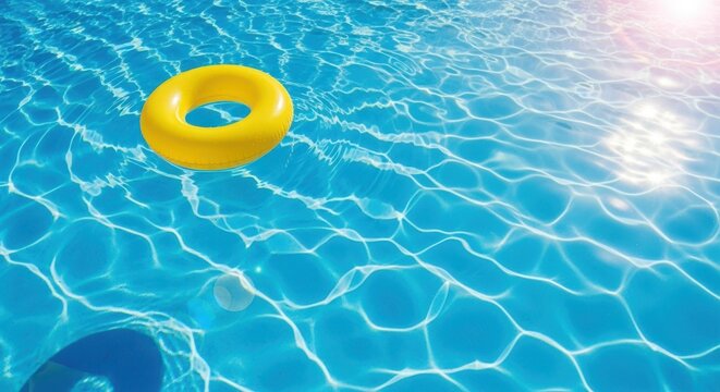 A bright yellow inflatable ring floats on the surface of a sparkling blue swimming pool, with sunlight creating shimmering patterns on the water, evoking a sense of summer relaxation